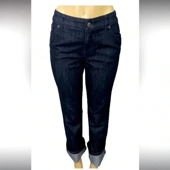 Chicos Blue Denim Jeans flair Cropped Platinum sequin jeweled Pockets - Picture 2 of 15